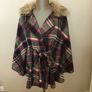 Plaid Faux Fur Poncho Wrap Jacket LG